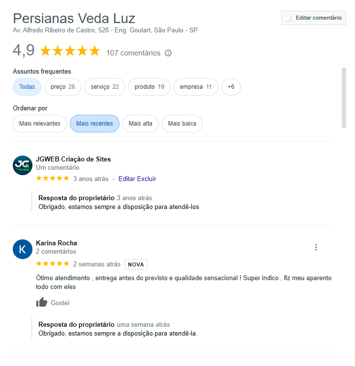 Avaliações da Persianas Veda Luz